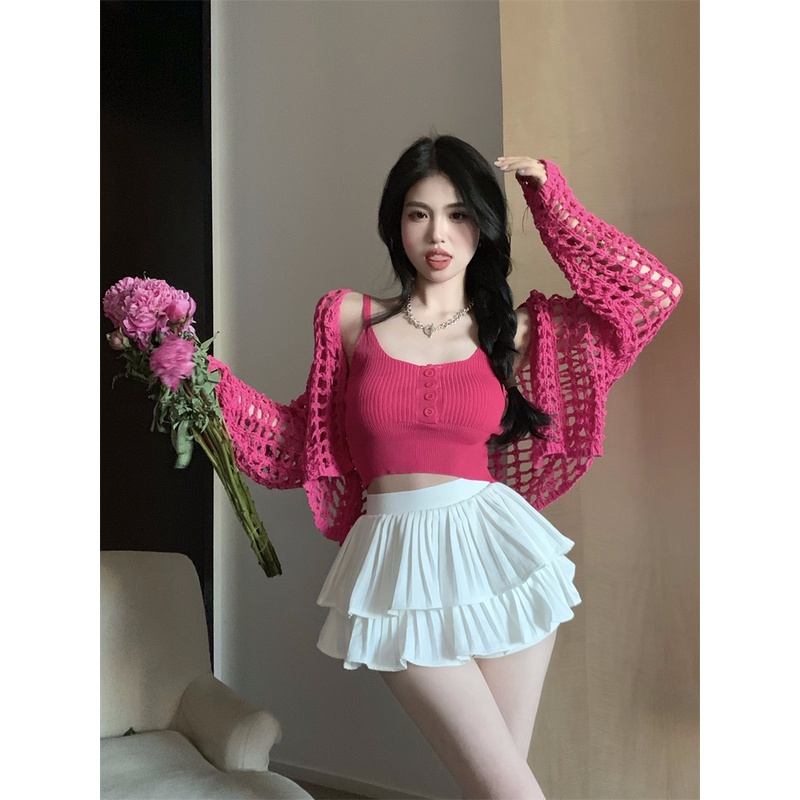 Set áo 2 dây croptop ôm body tôn dáng hở vai sexy nút + áo khoác len lưới tay dài cardigan mùa hè trắng đen hồng ulzzang