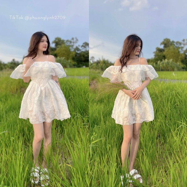 Váy trễ vai , đầm trễ vai tiểu thư , váy trễ vai cột dây cổ hoa dập nổi chuẩn form PLĐ14