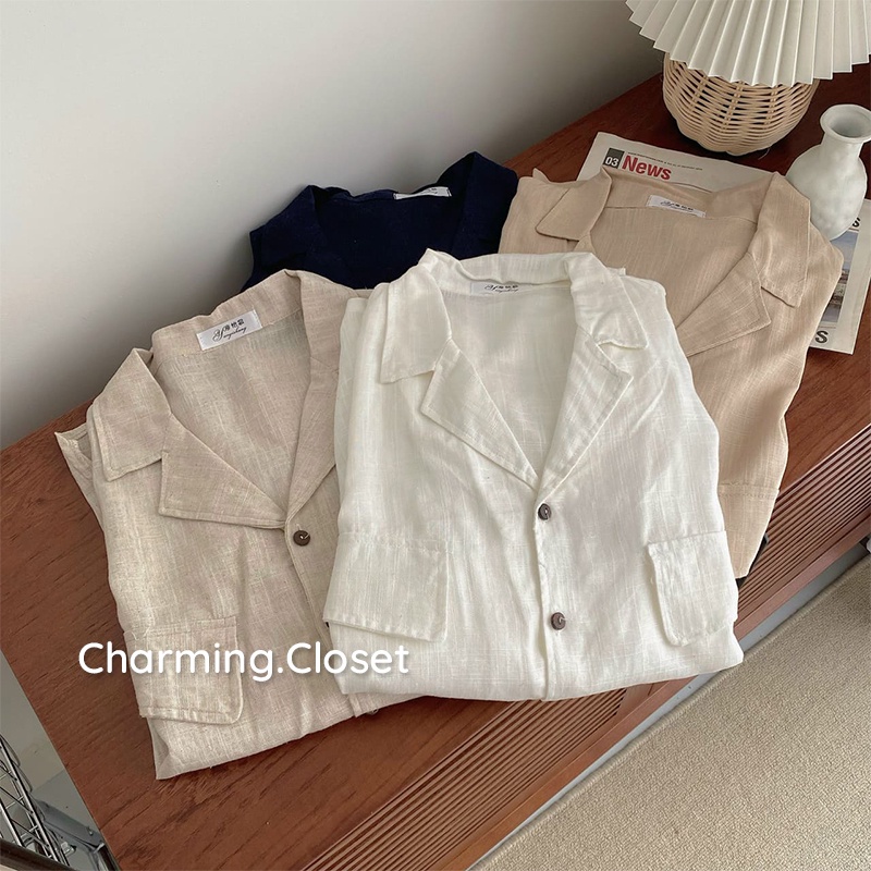 [Ảnh thật] Áo Sơ Mi Nữ Khuy Gỗ Cổ Vest Thanh Lịch Form Rộng, Áo Sơ Mi Chất Đũi Mềm