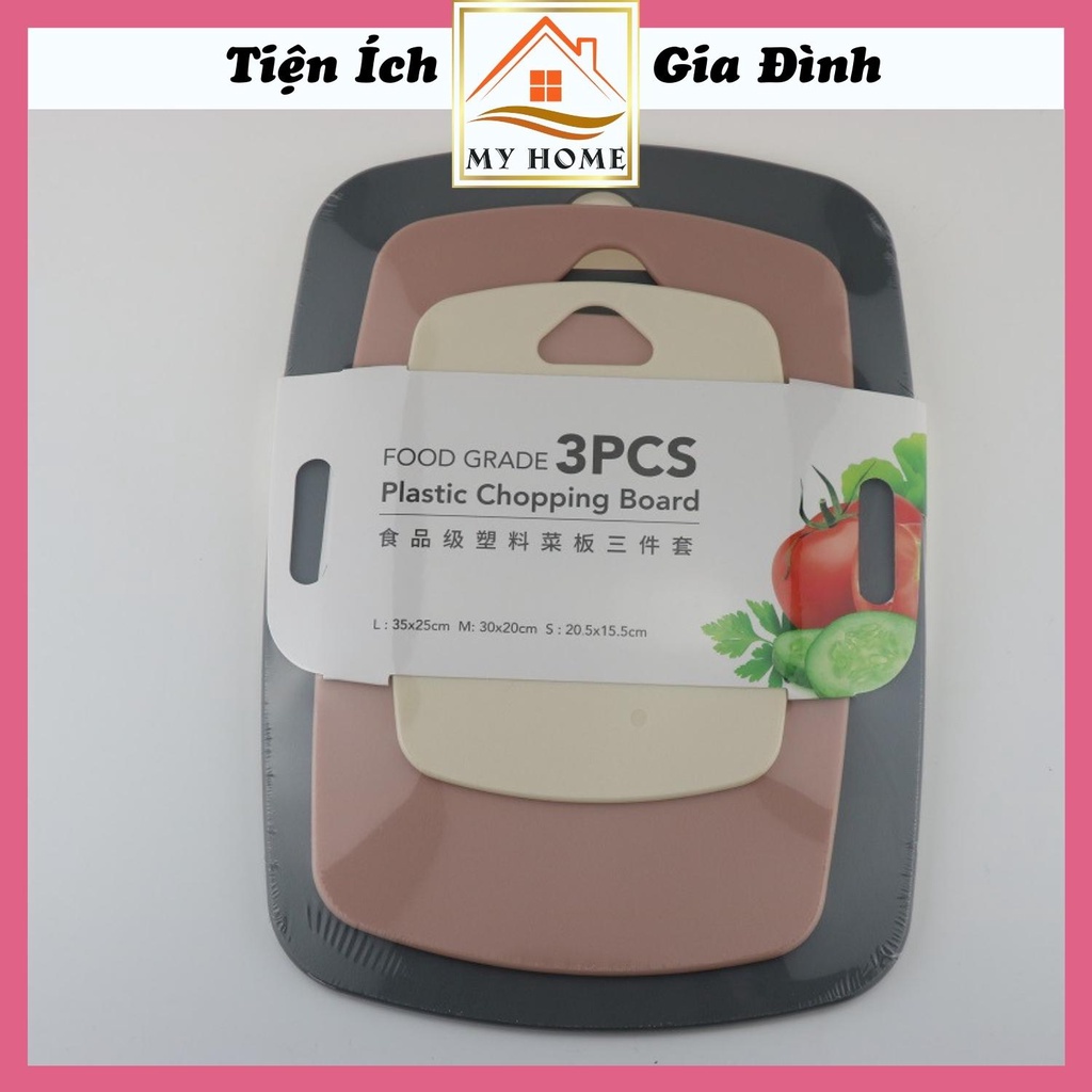 Bộ 3 thớt nhựa kháng khuẩn, bộ thớt nhựa chống trơn làm bếp cao cấp 3 kích thước, 3 màu