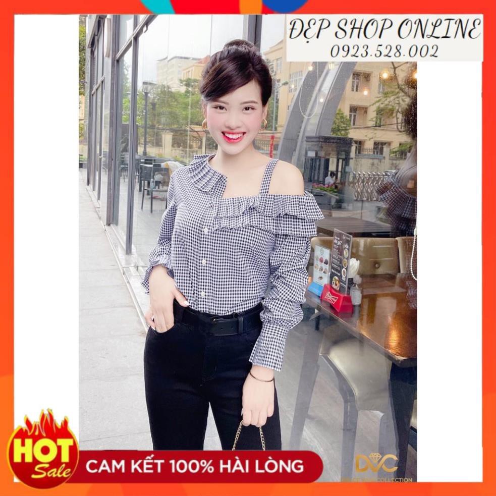 Freeship - Áo sơ mi kẻ lệch vai A1945 - Đẹp Shop DVC (Kèm ảnh thật trải sàn do shop tự chụp)