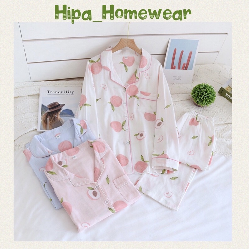 Bộ ngủ đồ mặc nhà nữ Pyjama Pijama cao cấp hoạ tiết đào xinh