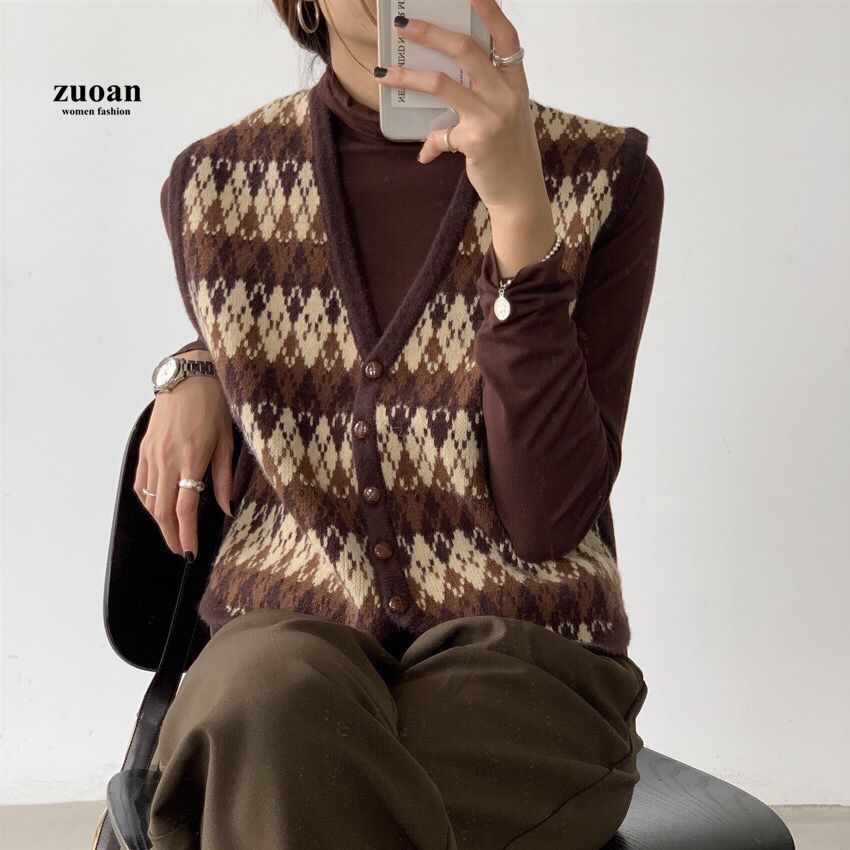 Áo sweater SUXI sát nách cổ chữ V dáng rộng phong cách retro Hàn Quốc cho nữ