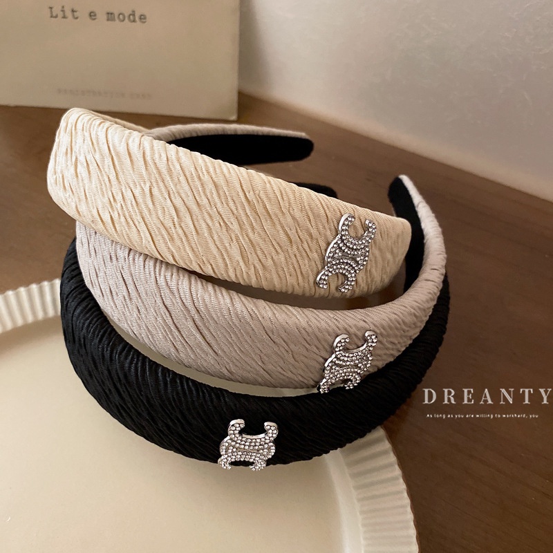 Băng Đô Cài Tóc Bản Rộng Xếp Ly Đính Kim Cương Giả Cao Cấp Phong Cách Retro Pháp Hợp Thời Trang