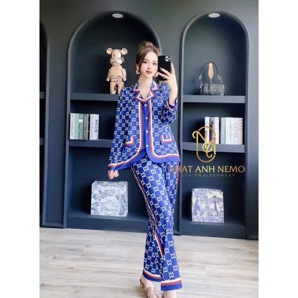 Pijama họa tiết Gucci xanh hàng thiết kế lụa xước cao cấp