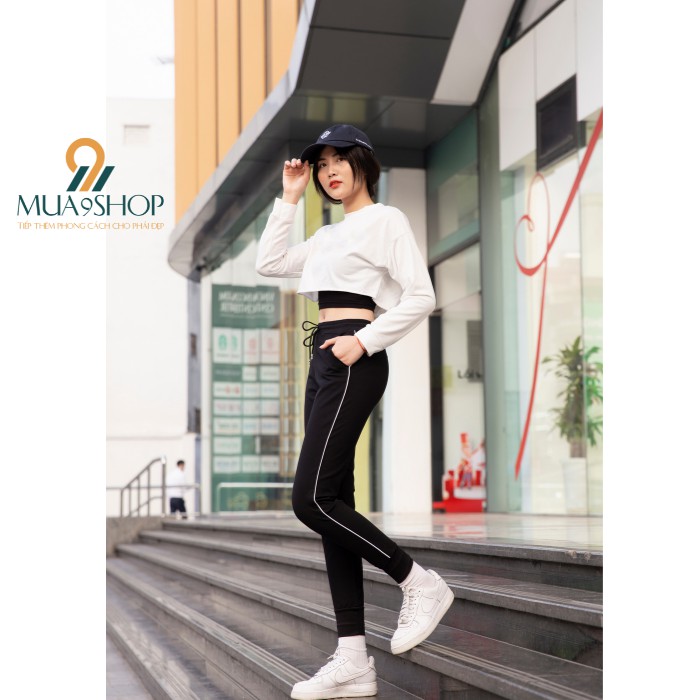 Quần jogger nữ 1 sọc bo gấu mua9shop co giãn
