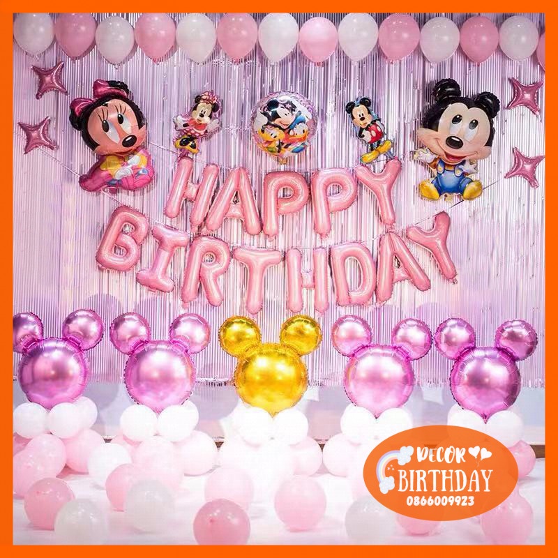 Set Trang Trí Sinh Nhật TUỔI CHUỘT Cho Bé Gái, Bóng Hình Mickey Đủ Mẫu, Set Y Hình Tặng Kèm Đồ Bơm Băng Dính