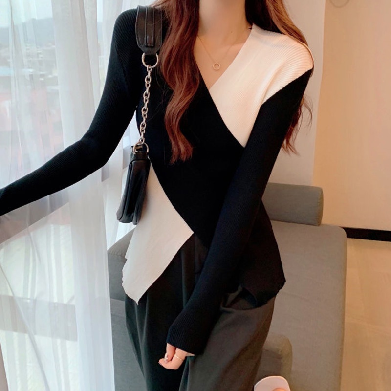 Áo len tay dài cổ chữ V màu trắng đen thời trang cho nữ