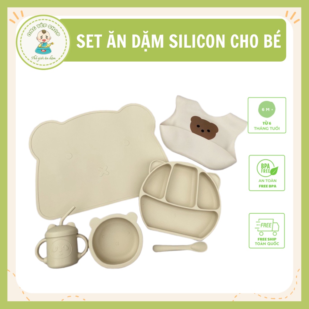 Set ăn dặm silicon hình gấu cho bé: tấm lót bàn ăn, bát, cốc, khay ăn dặm silicon chống lật