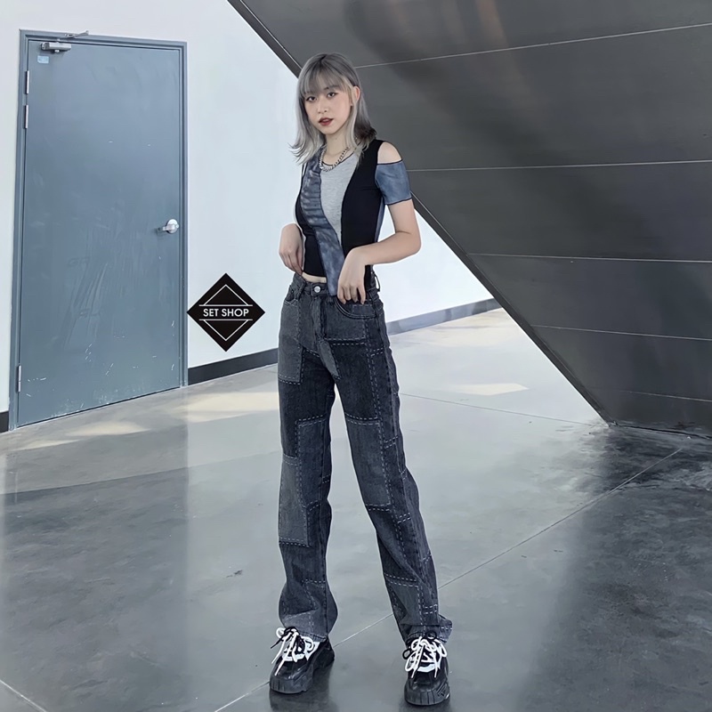 Quần jean kẻ ô phối màu đậm nhạt