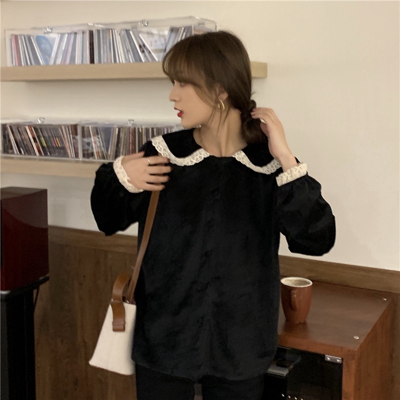 SUXI Áo sơ-mi tay dài phối ren vintage xinh xắn trẻ trung cho nữ