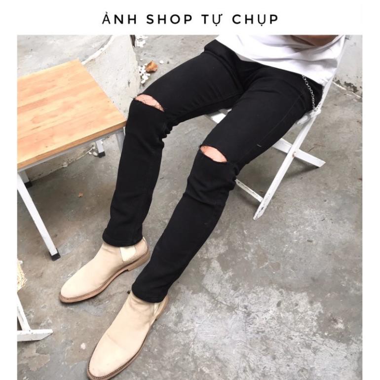 [Tiền Nào Của Đấy]Quần Jeans Nam Rách Gối Màu Đen Vải Co Giãn, Không Phai Màu Dáng Skinny Phong Cách Hàn Quốc -J02 | BigBuy360 - bigbuy360.vn