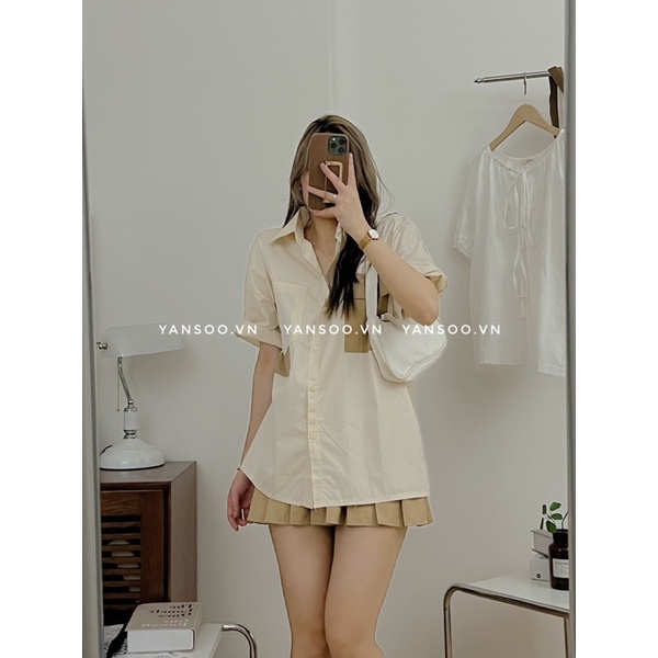 Áo somi thô from rộng túi hộp pha màu vàng kem vintage sinh viên by YANSOO
