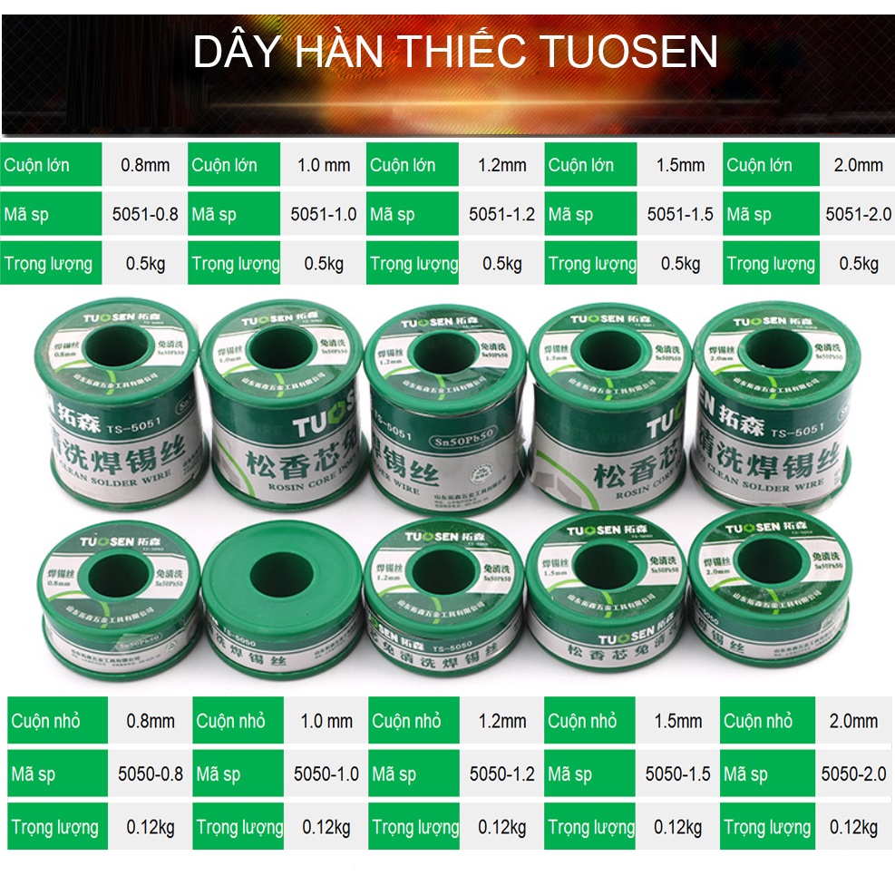 Thiếc hàn Tuosen, Cuộn dây hàn thiếc đủ kích thước: 0.8mm; 1.0mm; 1.2mm, 1.5mm; 2.0mm TUOSEN (Loại lớn 0.5kg)