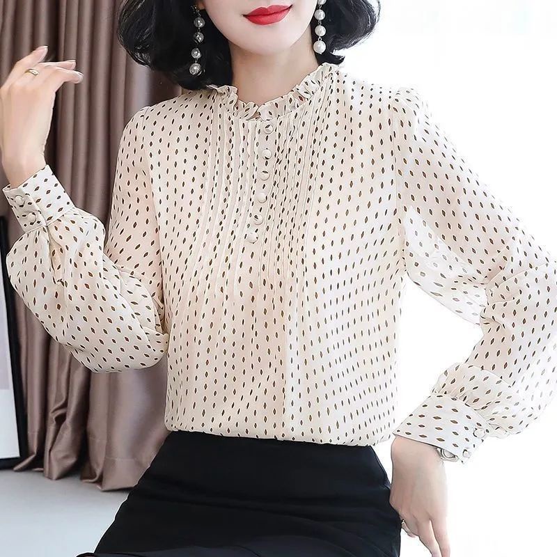 Áo Sơ Mi Chiffon Tay Dài Phồng Họa Tiết Chấm Bi Phong Cách Phương Tây Thời Trang Mùa Thu Mới Dành Cho Nữ
