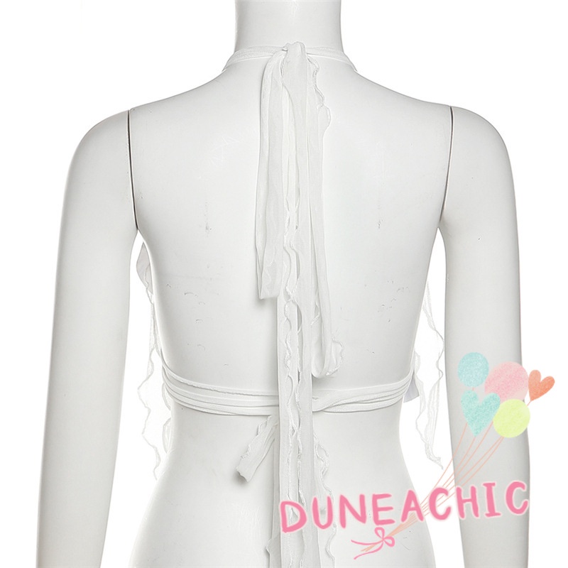 DUNEA Áo kiểu giả da không tay hở lưng gợi cảm dành cho nữ