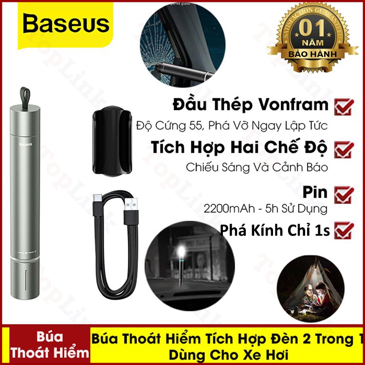 Búa Phá Kính Ô Tô - Búa Thoát Hiểm Xe Hơi Baseus Kết Hợp Phá Kính Và Đèn Pin 2 Chế Độ Sáng - TopLink