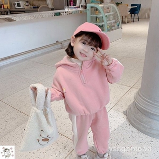 Set đồ hai mảnh chất liệu lông cừu dày giữ ấm phong cách phương Tây thời trang mùa đông cho bé gái