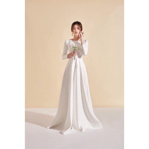 🔥𝓠𝓾ả𝓷𝓰 𝓒𝓱â𝓾 CAO CẤP🔥 Đầm dạ hội tiệc cưới kiểu tay dài cổ thuyền phối nút màu trắng vải phi mờ nhập khẩu ladyvin
