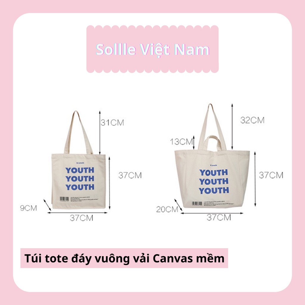 Túi tote vải canvas đáy vuông chữ YOUTH, túi vải bố Hàn Quốc bảo vệ môi trường TO01V