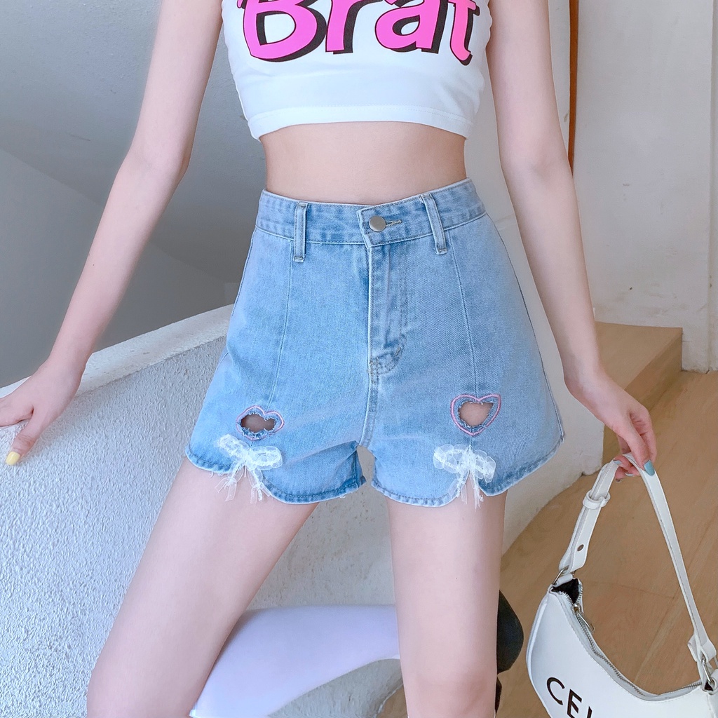 Quần Short Jean Nữ Lưng Cao Mài Rách Thời Trang Hàn Mới