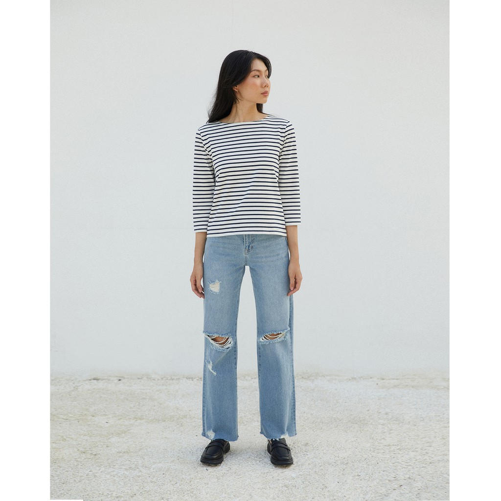 TheBlueTshirt - Áo Thun Tay Dài Nữ - New Classic BlueT - Cream / Navy Stripe