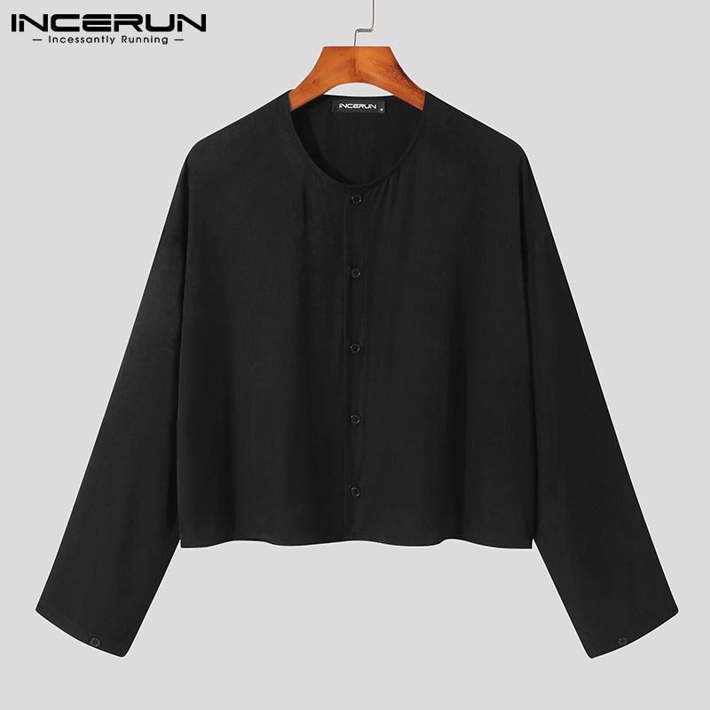 Áo INCERUN dài tay màu trơn có hàng nút mỏng dáng rộng phong cách đơn giản cho nam