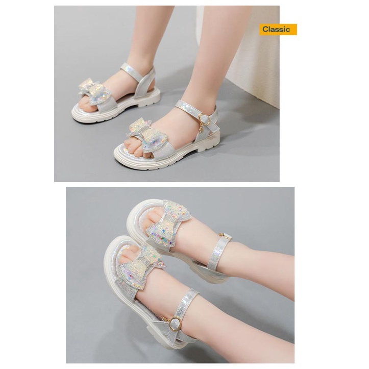 Sandal bé gái đi học đi chơi nơ đính đá xinh xắn phong các công chúa đế mềm êm chân [SDG29]