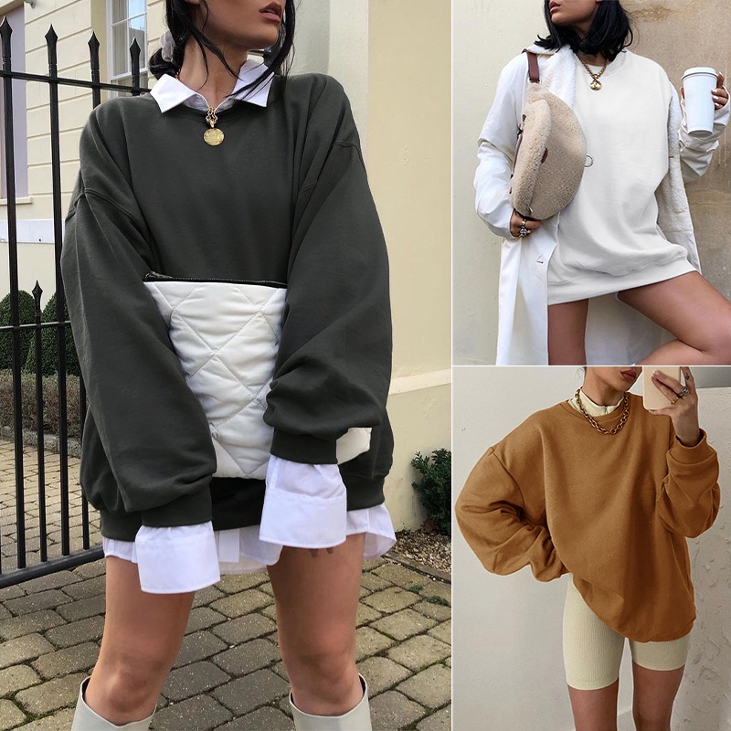 Áo sweatshirt nữ ZANZEA màu trơn cổ tròn tay dài thời trang đường phố Vintage kiểu Mỹ | BigBuy360 - bigbuy360.vn