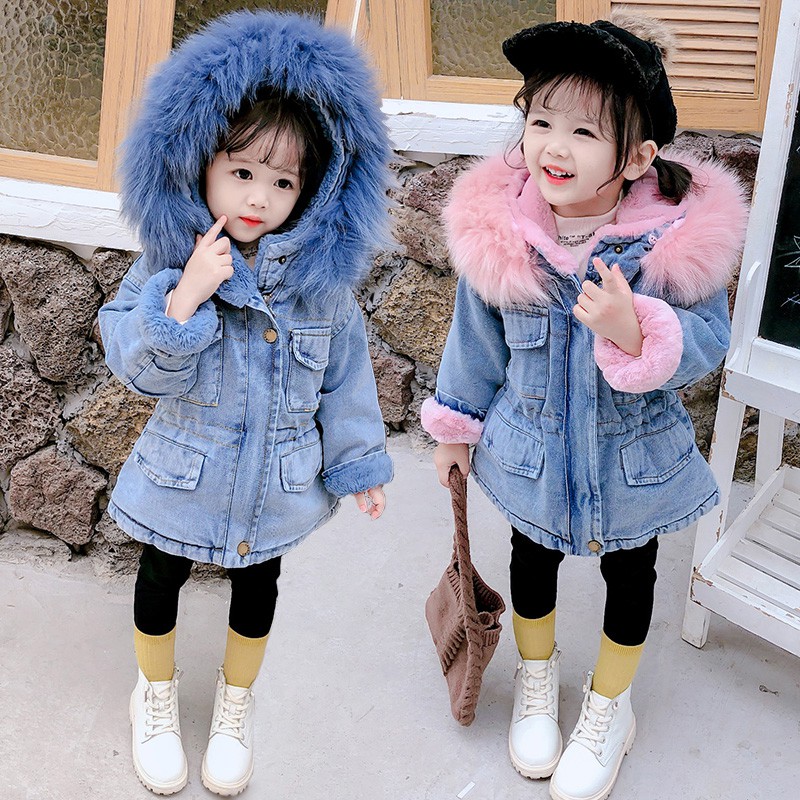 Áo Khoác Denim Đệm Lông Cừu Thời Trang Mùa Đông Cho Bé Gái
