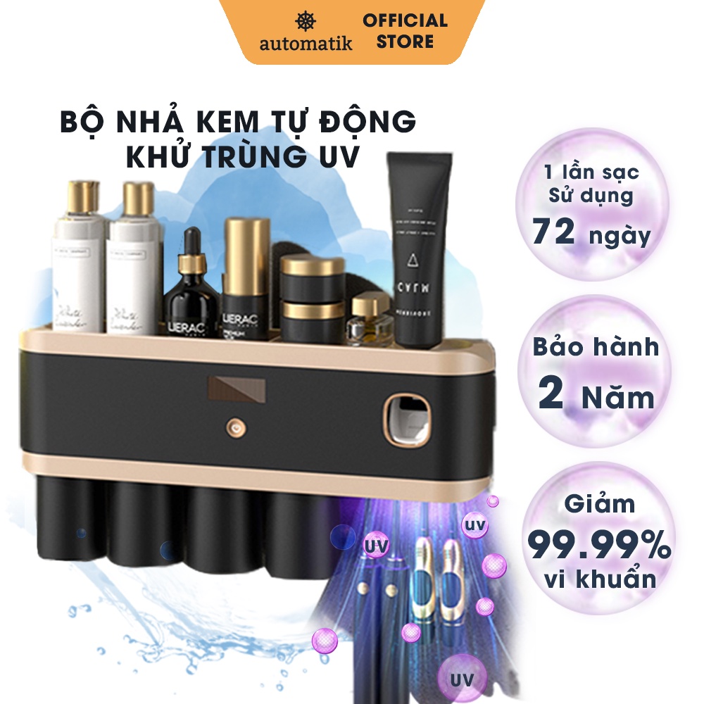 Bộ Nhả Kem Đánh Răng, Hộp Đựng Bàn Chải Đánh Răng, Kệ Để Bàn Chải Tự Động Khử Trùng UV, Giá Treo Bàn Chải - Automatik