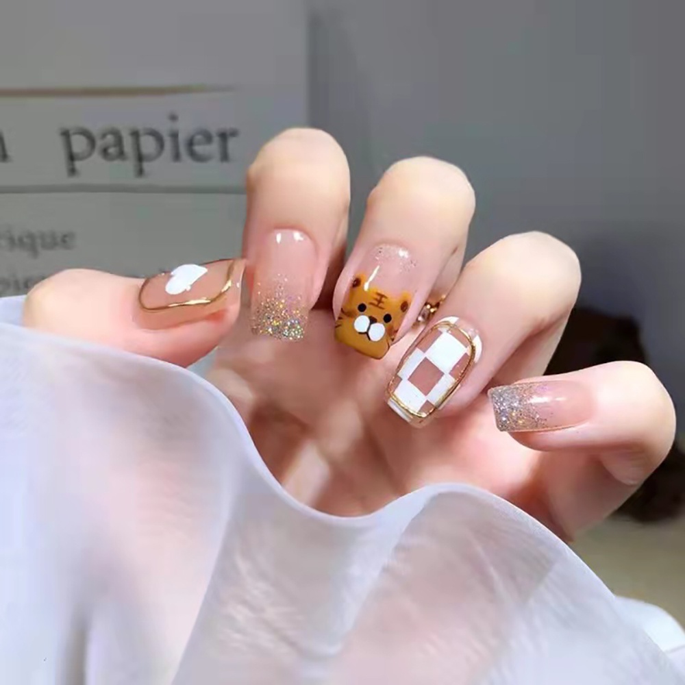 Set 24 móng tay giả kiểu pháp xinh xắn kèm 12 keo thạch dán móng tiện dụng