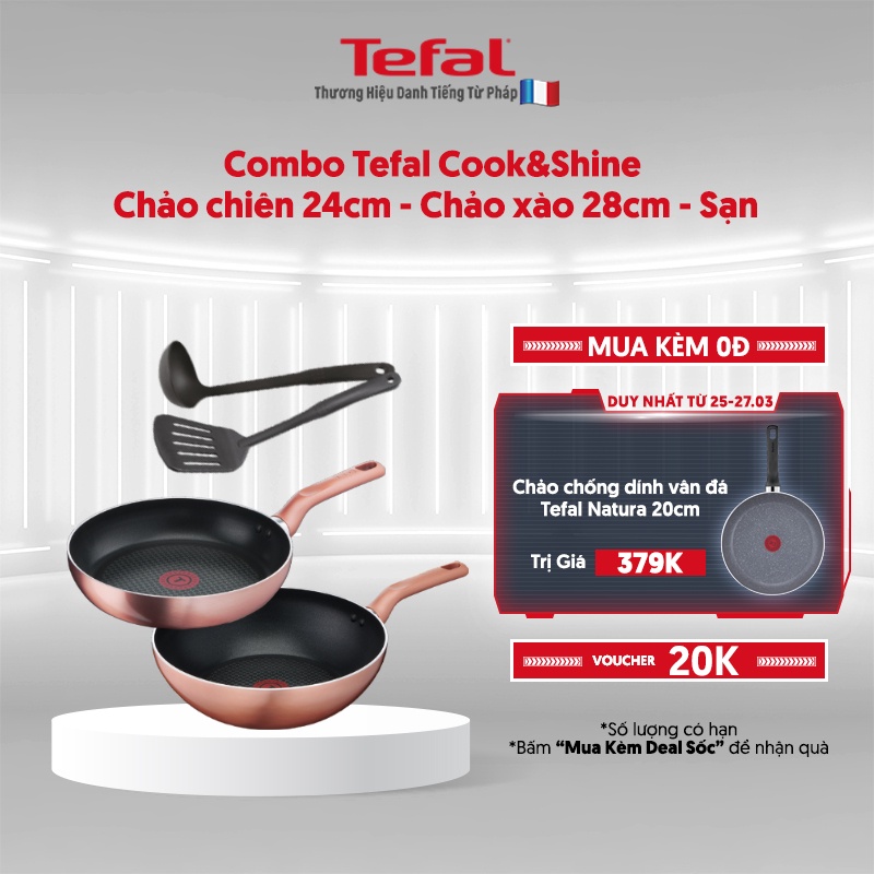 [Mã LIFEHL25 giảm 10% đơn 350K] Combo Tefal Cook&amp;Shine Chảo chiên 24cm, Chảo xào 28cm, Sạn