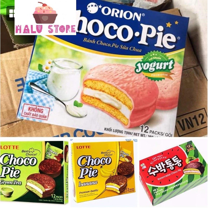 Bánh Orion ChocoPie Sữa Chua Yogurt / Chuối / Trà Xanh / Cacao / Đào Hộp 360g - 12 gói