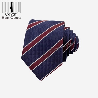 Cà vạt Nam xanh than kẻ chéo đỏ mận trắng thời trang phong cách nam