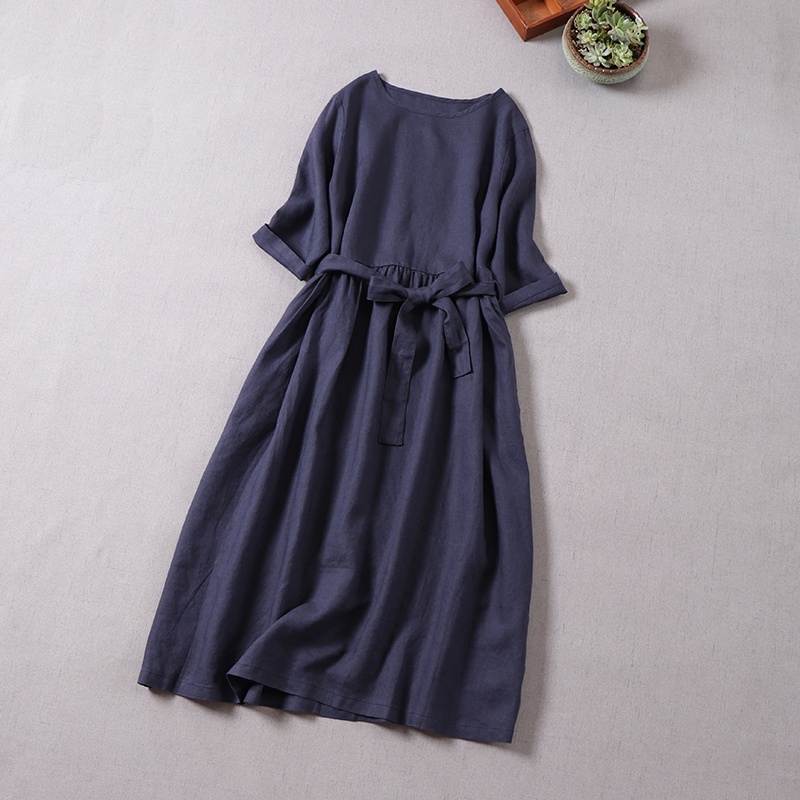 Đầm suông linen dáng chữ A cổ tròn tay lỡ xanh than, chất đũi mềm mát, thời trang phong cách Hàn Quốc