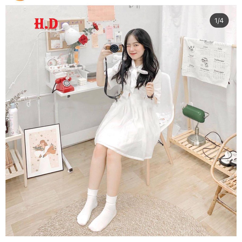 Sét áo croptop buộc nơ + váy 2 lớp HDA0121