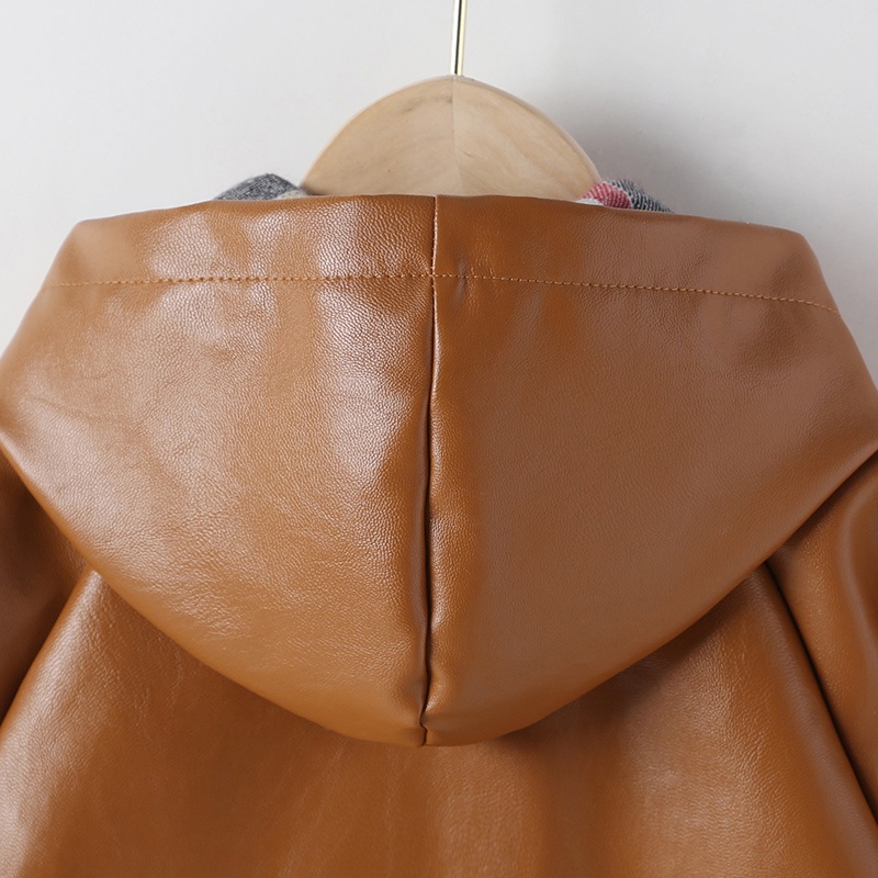 Áo Khoác Da PU Tay Dài Có Nón Thời Trang Cho Bé Gái