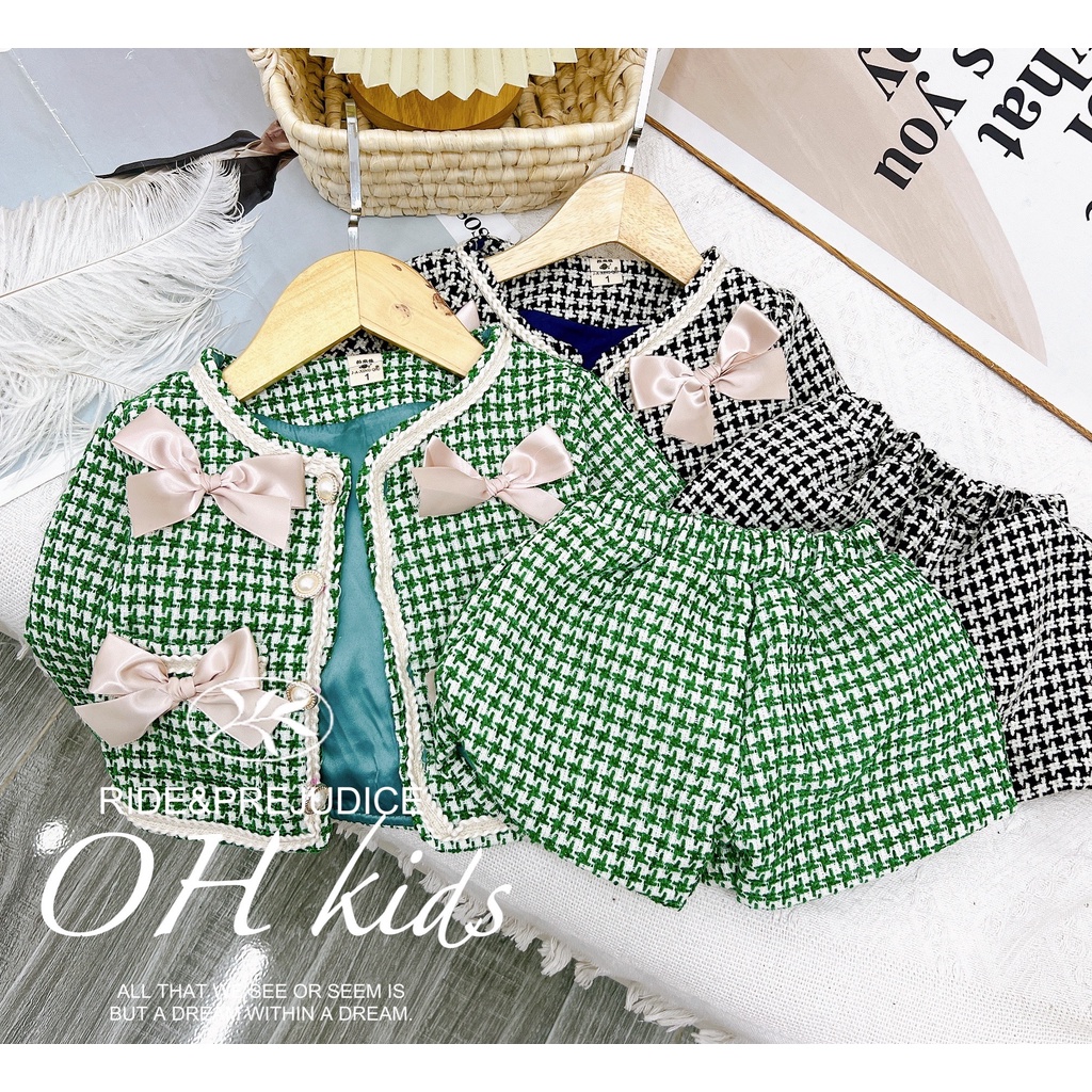 Áo khoác bé gái, set bộ quần áo dạ kim sa có lớp lót xịn sò cho bé