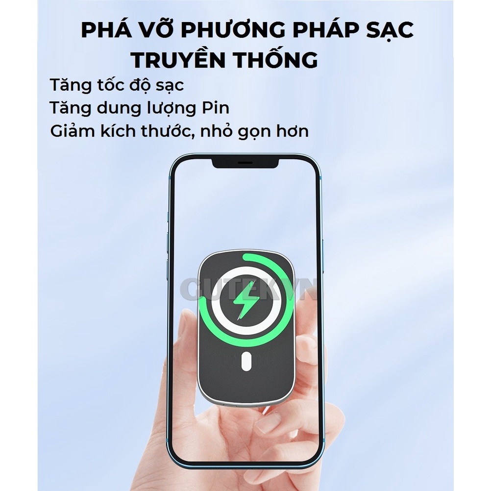 Sạc dự phòng không dây sạc nhanh pin 10000mah mini nhỏ gọn cao cấp cho từ iphone 8/X/11/12/13 – Gutek Mag2