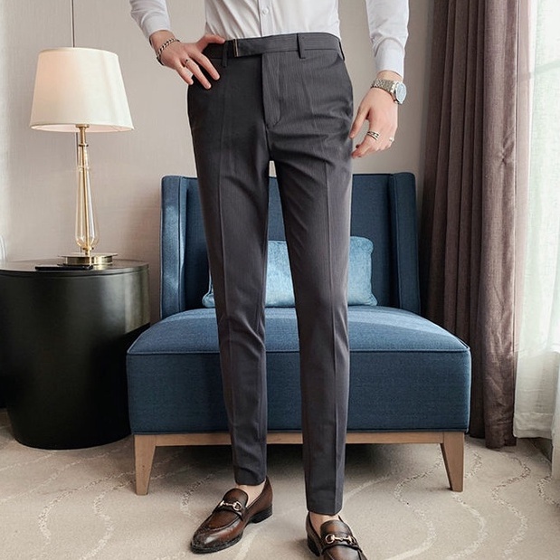 Quần Tây Dài Tới Mắt Cá Chân Họa Tiết Kẻ Sọc Phong Cách Hàn Quốc Thời Trang Công Sở Cho Nam J1245