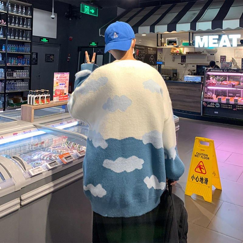 Áo len tay dài dáng rộng họa tiết hoạt hình phong cách thu đông Hàn Quốc cho nam