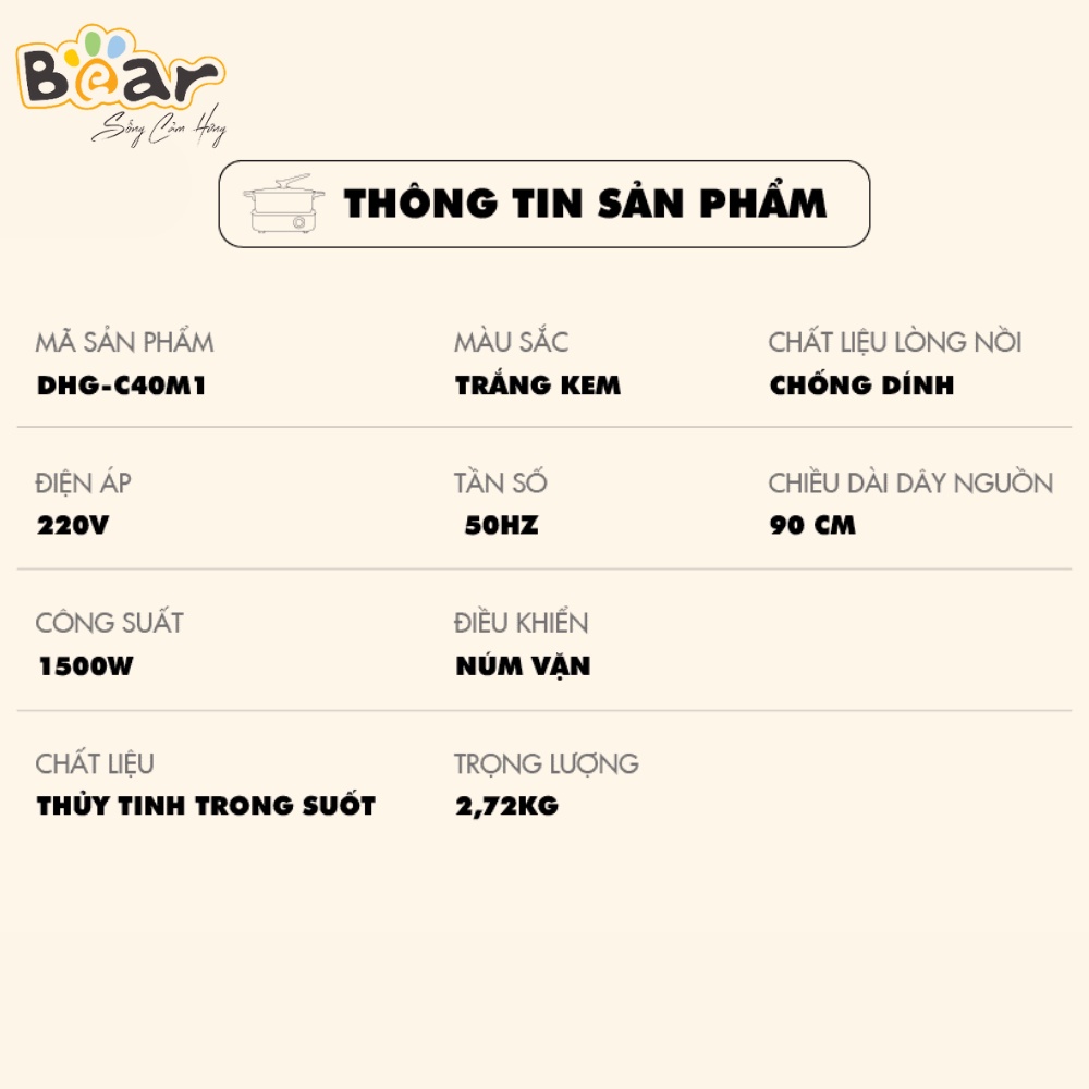 Nồi Bếp Lẩu Nướng Điện Mini Bear DGH-C40M1 Đa Năng 4L 7 Trong 1, Sử Dụng Cho 5 Người, Tiện Lợi, Dễ Vệ Sinh, BH 12 Tháng