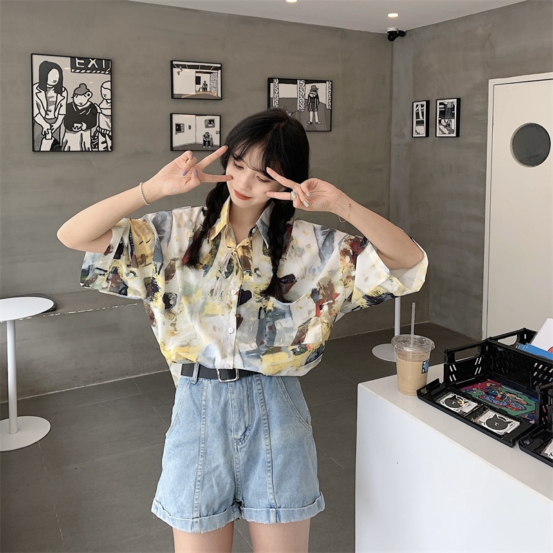 SUXI Áo Sơ Mi Tay Ngắn In Họa Tiết Phong Cách Retro Hàn Quốc