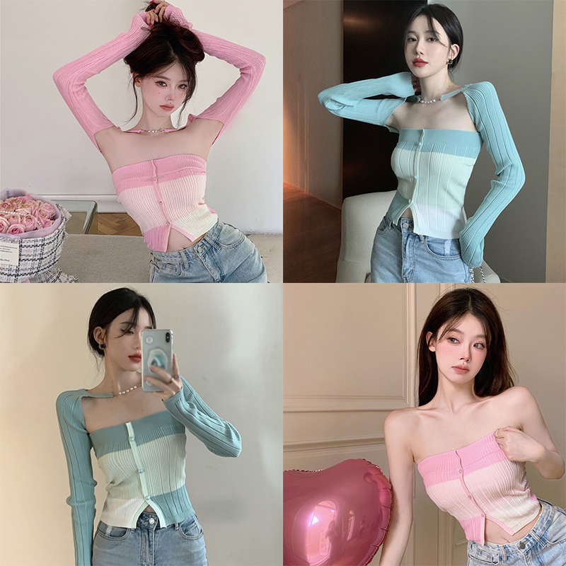 Bộ Áo Ống Màu Tương Phản + Khăn Choàng Lụa Dệt Kim Thời Trang Hàn Quốc Cho Nữ