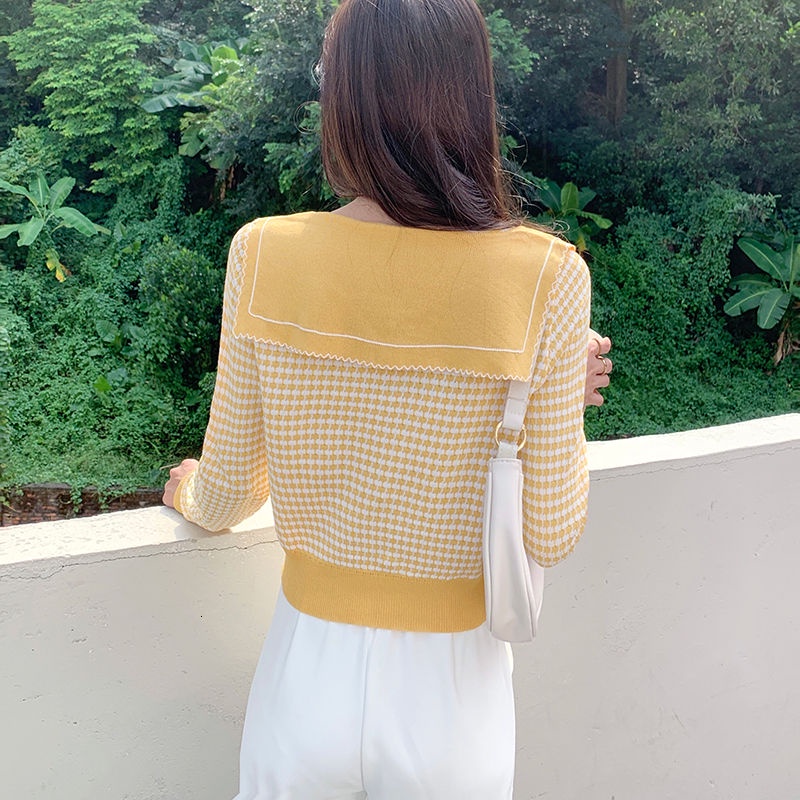 Áo dệt kim tay dài dáng rộng kẻ sọc caro hàng nút mới cho nữ