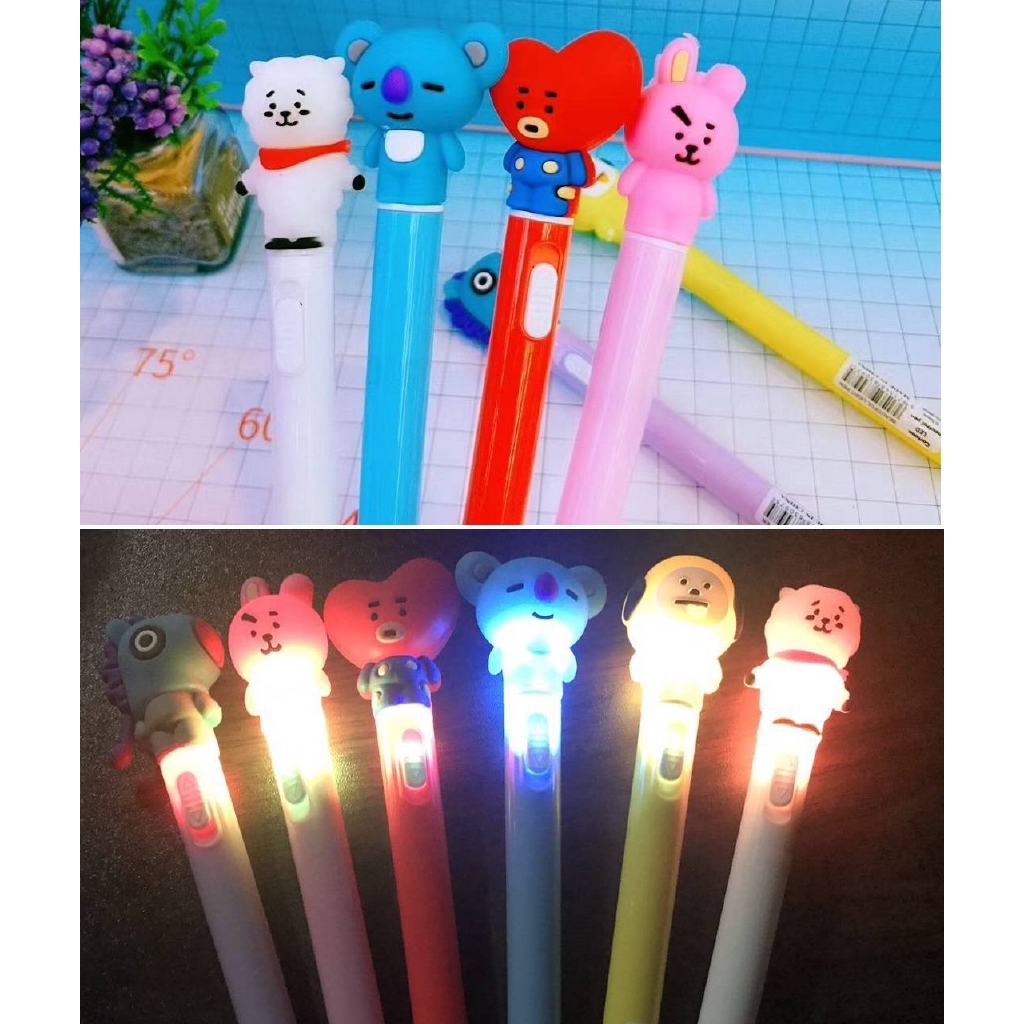 Bút nước que diêm mực xanh KPOP BTS BT21 pena pulpen gel Cute LED Light Gel Pen Kawaii Cartoon signing Pen 0.5mm Black ink Neutral Pen For Kids Gifts Office School Student classmates Stationery