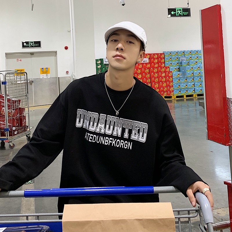 Áo thun tay dài dáng rộng in chữ phong cách Hàn Quốc thời trang cho nam size M-5XL