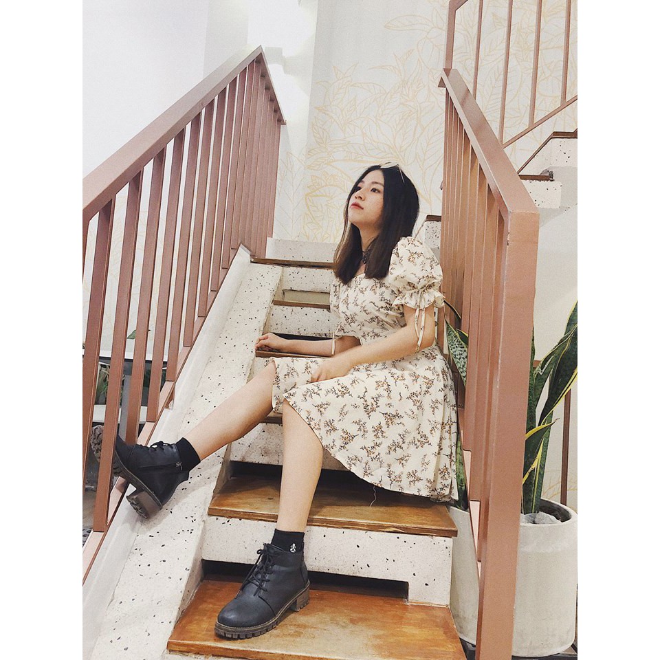 Đầm hoa vàng tay phồng ( kèm ảnh shop chụp )