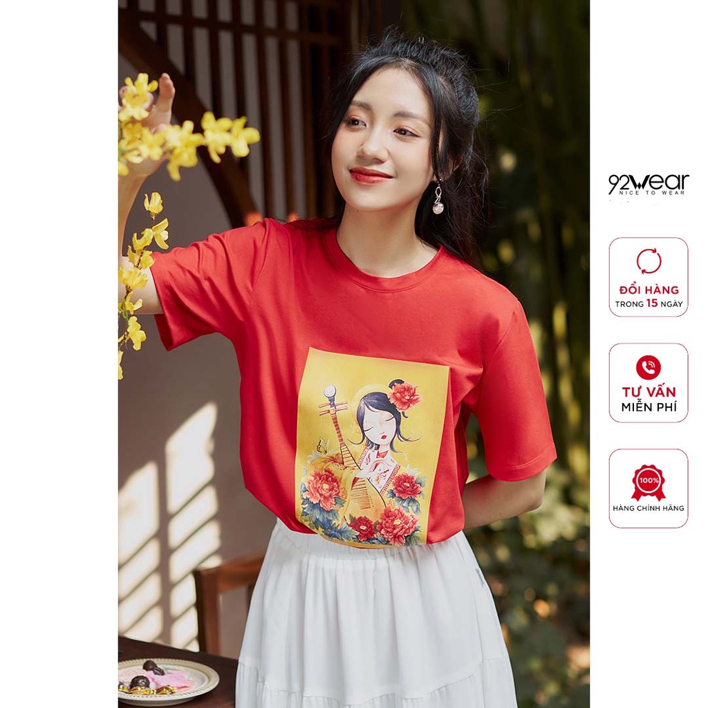 Áo phông nữ ngắn tay cổ tròn in hình cô gái 92WEAR, thiết kế trẻ trung, cá tính ATA2256